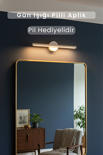 Siyempi Yapışkanlı 9V Pilli LED Beyaz Gün Işığı Duvar Aplik 34 cm Tablo Ayna Üstü Dekoratif Aydınlatma
