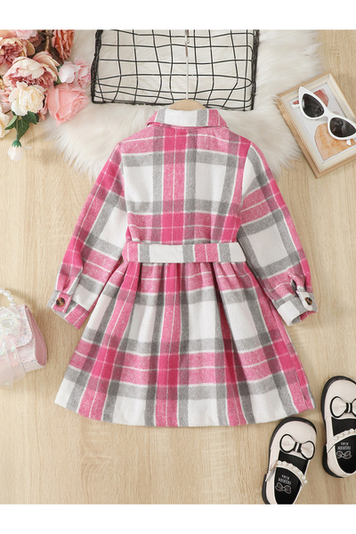 Take Two By Styli Girl's Checked Button Up Belted Long Sleeve Dress