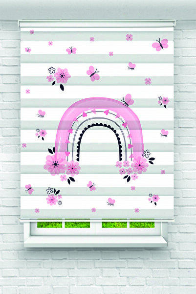 Yznhome Çocuk odası - Pembe Gökkuşağı ve Yıldız Desenli Zebra Perde - YZN-1155