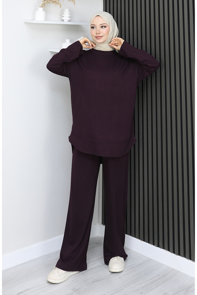 sefamerve Premium υφασμάτινο παντελόνι τουνίκ διπλό σετ 2164-01 Plum
