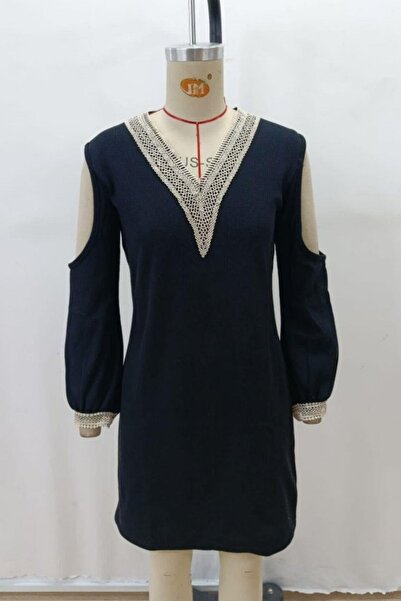 Mossta Off-The-Shoulder V-Neck Ruched Long Sleeve Waffle Mini Dress - Black