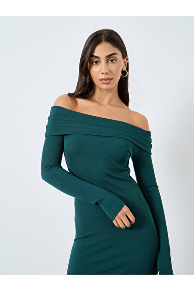 Styli Teal Ribbed Off Shoulder Midi Dress