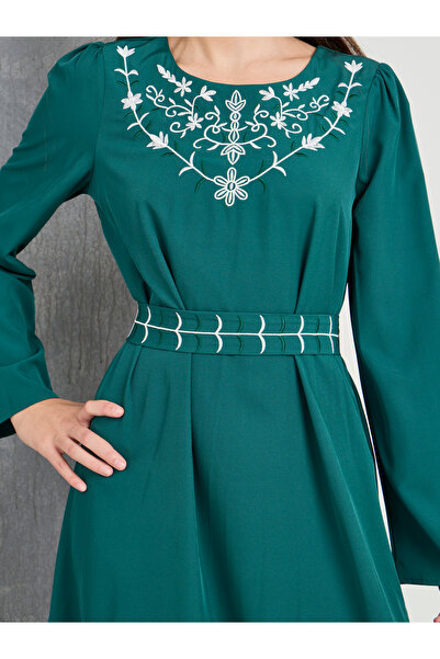 Take Two By Styli Embroidery Detail A-Line Maxi Dress with Tie Belt