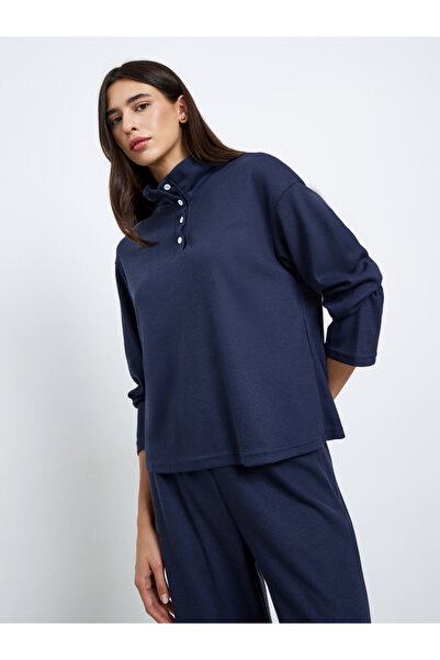 Styli Dark Blue Waffle Knit Polo Collar Top and Pants Co-Ords