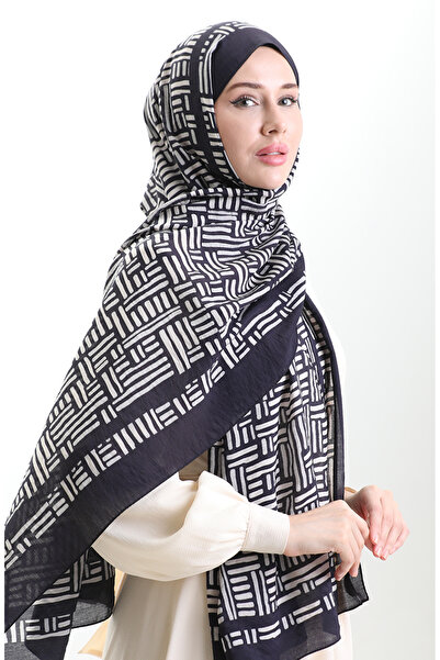 sefamerve Karaca natural fiber shawl 82008-15 dark navy blue cream