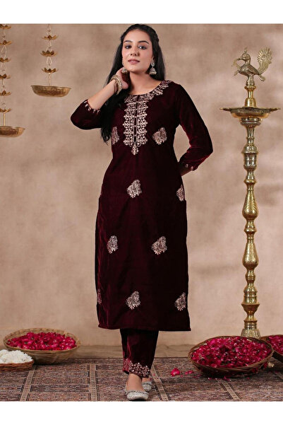 Ishin By Styli Maroon Velvet Kurta and Pants Set