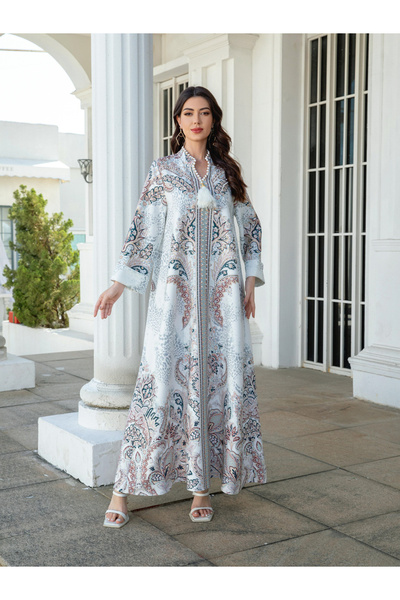 Take Two By Styli Printed Embellished Faux Pearl Detail Jalabiya