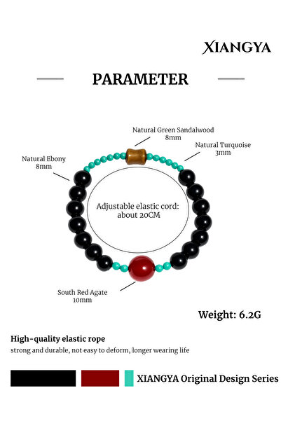 XIANGYA Beaded Bracelet For Ladies Ebony Bracelet with South Red Agate & Turquoise Accents