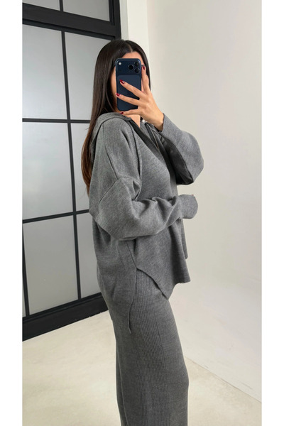 My Blog Anthracite Hooded Zippered Knitwear Set - 0511