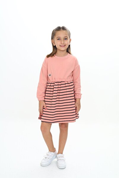 Toontoy فستان مخطط بأكمام طويلة وياقة دائرية للفتيات مطبوع من ريلاكس فيت - أل...