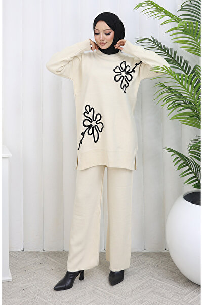sefamerve Knitwear Floral Patterned Tunic Trousers Double Set 1110-08 Beige