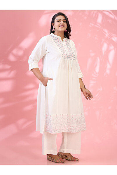 Globus By Styli Plus Size Off White Embroidered Yoke Kurta and Pants Set