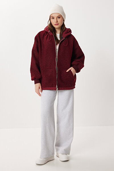 Lovelyİstanbul Oversized Hooded Contrast Plush Coat Lfg0172 Bordo