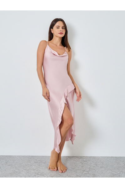Styli Satin Cowl Neck Thigh High Slit Slip Dress