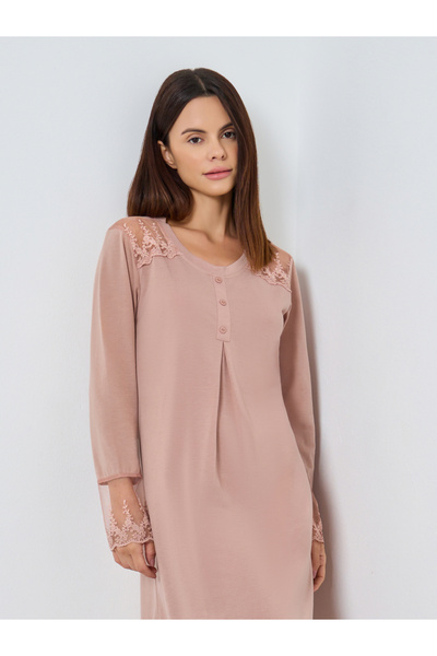 Styli Placket and Lace Trim Insert Nightdress