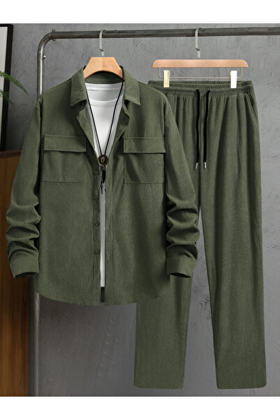 Take Two By Styli Men Green Corduroy Shirt and Pants Co-ords