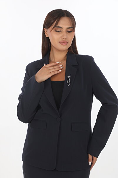 EXİTLİNE Women's Classic Navy Blue Suit with Pockets, Brooch, Lined Comfortable Fabric Skirt and Jacket