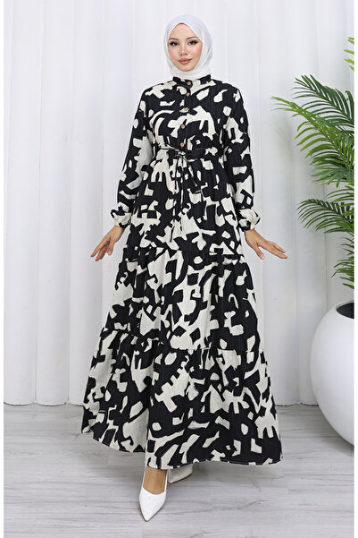 sefamerve Hakim Yaka Beli Lace-Up Patterned Dress 0191-01 Black