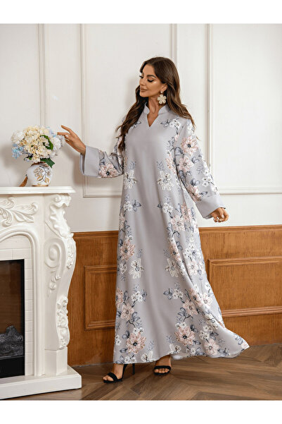 Take Two By Styli Floral Print Embellished Faux Pearl Detail Jalabiya