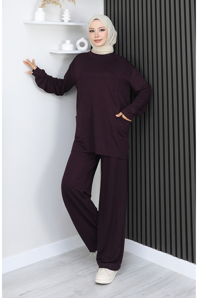 sefamerve Premium υφασμάτινο παντελόνι τουνίκ διπλό σετ 2163-03 Plum