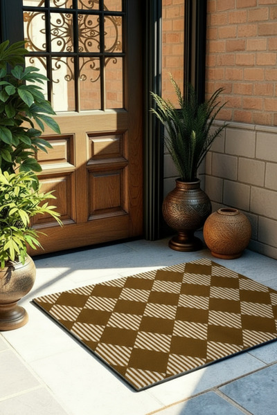 Etnik Dekor سجادة أمام الباب مطبوعة رقميًا باللون البني المربعات