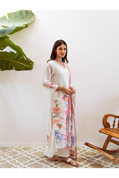 Ishin By Styli Off White Linen Kurta with Pants and Dupatta Set