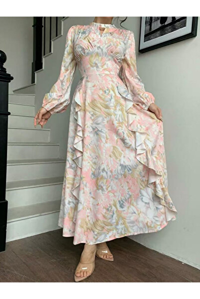 Take Two By Styli All-Over Printed High Neck Ruffled Maxi Dress