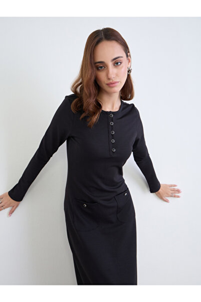 Styli فستان ميدي أسود بأكمام طويلة ومضلع