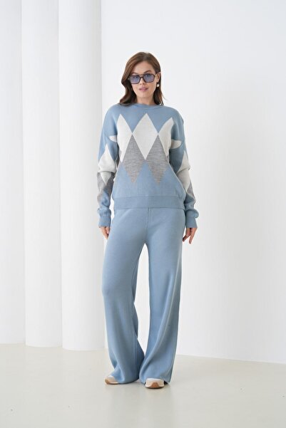 Noi Belis Oversized Plaid Patterned Crew Neck Knitwear Bottom-Top Set Aw25Au0030