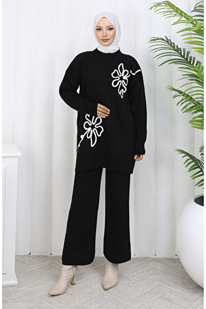 sefamerve Knitwear Floral Patterned Tunic Trousers Double Set 1110-03 Black