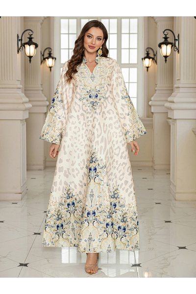 Take Two By Styli Floral Print Embellished Faux Pearl Detail Jalabiya