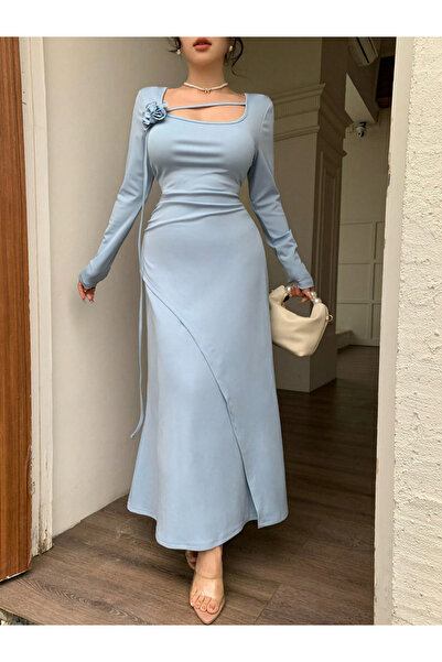 Take Two By Styli Light Blue Long Sleeves Midi Dress