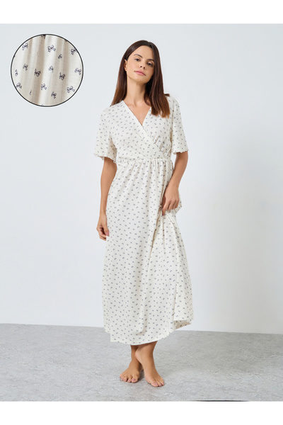 Styli Bow Print Pointelle Wrapover Nightdress