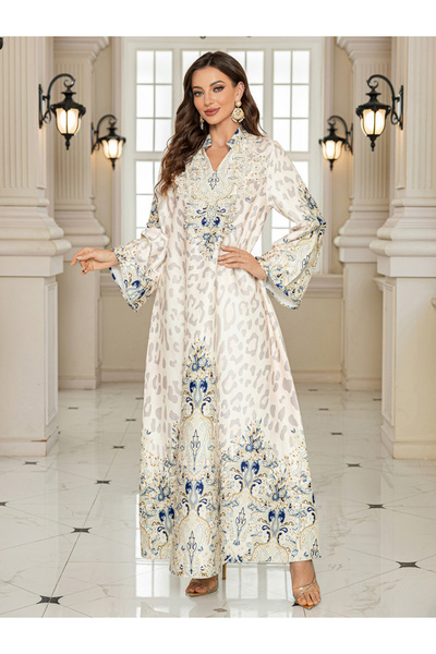 Take Two By Styli Floral Print Embellished Faux Pearl Detail Jalabiya