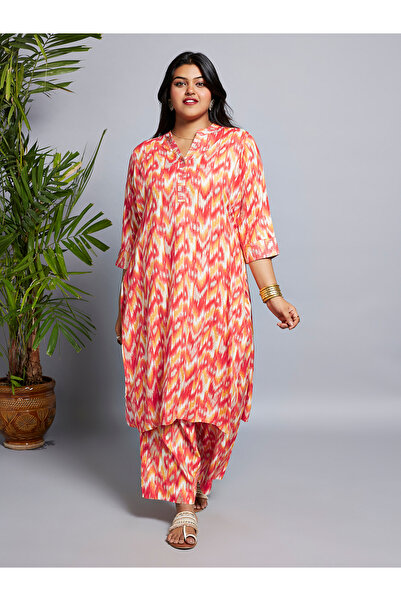 Globus By Styli Plus Size Multi Chevron Print Zari Detail Kurta and Pants Workwear Set