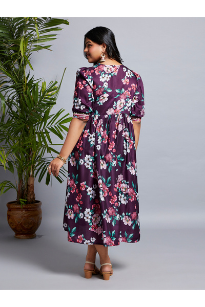 Globus By Styli Plus Size Burgundy Floral Print Fusion Midi Dress