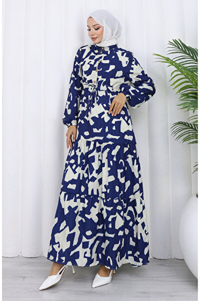 sefamerve Hakim Yaka Beli Patterned Dress with Laces 0191-02 Navy Blue
