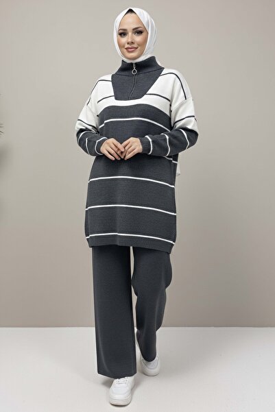 TOFİSA Ριγέ Πλεκτό Σετ με φερμουάρ Ανθρακί - 27997-ΑΝΘΡΑΚΙΤ