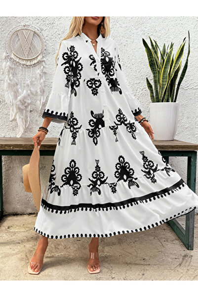 Take Two By Styli Floral Embroidered Ruffle Hem Maxi Dress