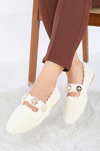 TOFİSA Women's Ecru Pearl and Tuğra Detailed Plush Ballerinas - 27911-Ekru