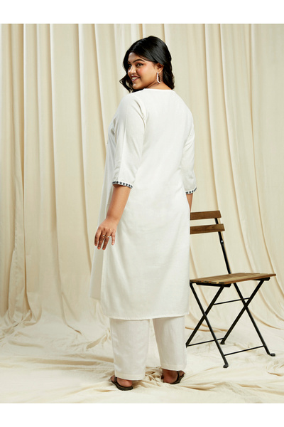 Globus By Styli Plus Size Off White Sequined Embroidered Yoke Kurta and Pants Festive Set