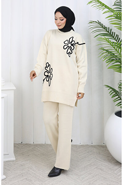 sefamerve Knitwear Floral Patterned Tunic Trousers Double Set 1110-08 Beige