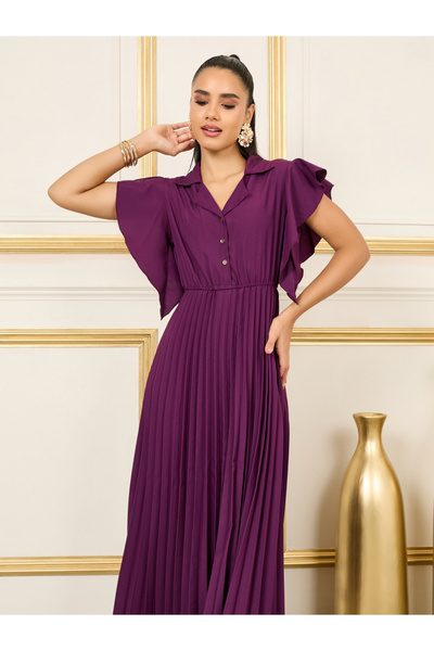 Styli Purple Pleated Maxi Dress with Frill Sleeves