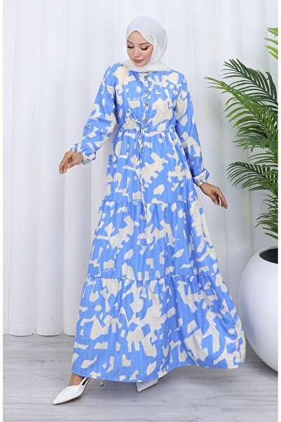 sefamerve Hakim Yaka Beli Patterned Dress with Laced Collar 0191-03 Indigo