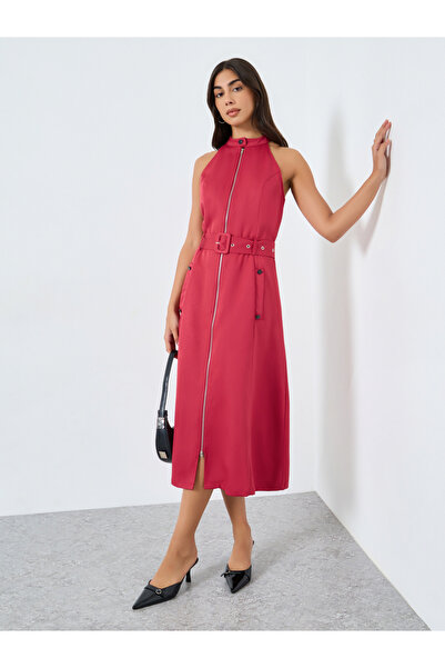 Styli Red Belted Midi Dress with Zipper Detail