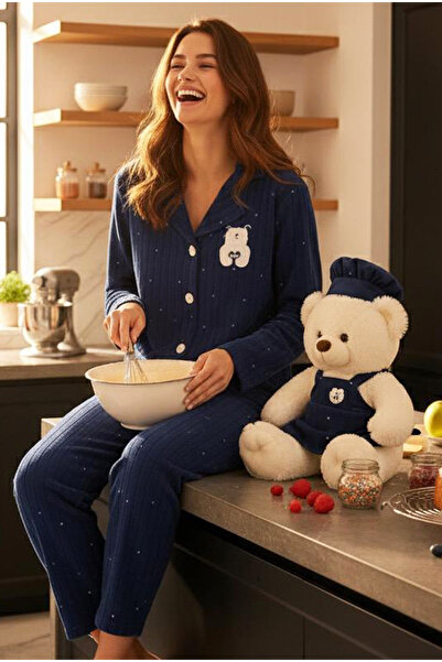 Siyah İnci Синій вишитий піжамний комплект з кнопками та шнурками 7923