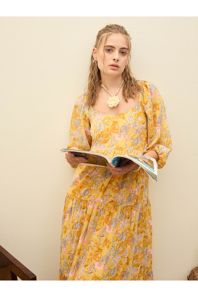 Sassafras By Styli Yellow Floral Print A-Line Maxi Dress