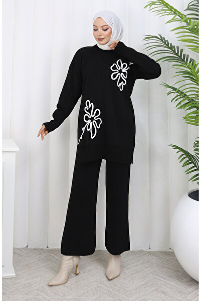 sefamerve Knitwear Floral Patterned Tunic Trousers Double Set 1110-03 Black