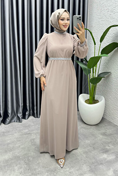 modapark.ist Women's Belted Stone Detailed Chiffon Evening Dress