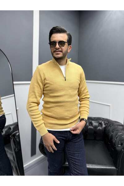 Avni Ceylan Men's Zippered Half-Thigh 100% Cotton Knit Sweater